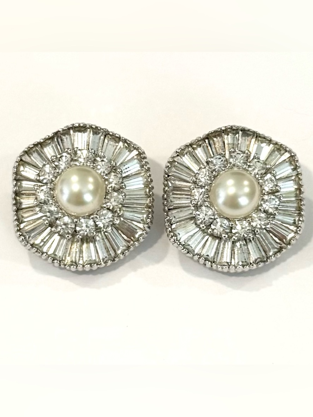 Vintage Art Deco Jomaz Baguette Rhinestone & Pearl Earrings Clip On Silver Tone